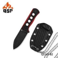 QSP Canary Fixed Blade Knife Black/Red G10 Handle 14C28N Plain Edge Black Stonewash Finish QS141-B2