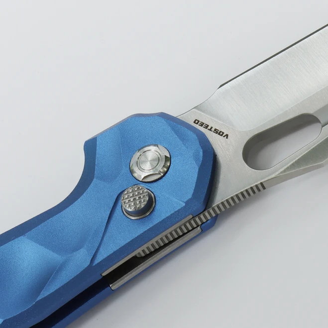 WMK Exclusive Vosteed Thunderbird Button Lock Flipper Pocket Knife Sculpted Blue Aluminum Handle Satin 154CM TB34VTA2L - Image 7