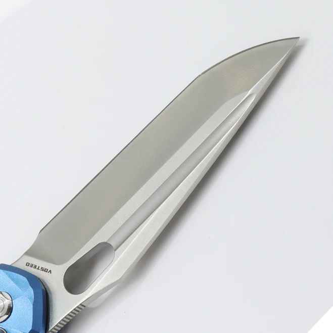 WMK Exclusive Vosteed Thunderbird Button Lock Flipper Pocket Knife Sculpted Blue Aluminum Handle Satin 154CM TB34VTA2L - Image 4