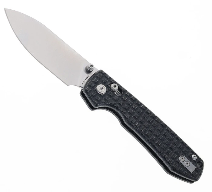 WMK Exclusive Vosteed Raccoon Crossbar Lock Folding Knife Black Micarta Frag Handle 14C28N Plain Edge Satin Finish RCCWM1