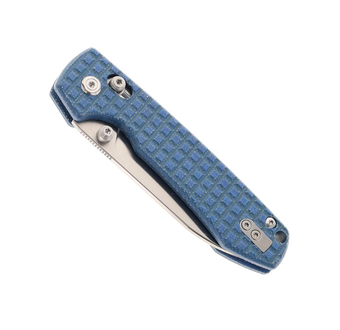 WMK Exclusive Vosteed Raccoon Crossbar Lock Folding Knife Blue Micarta Frag Handle 14C28N Plain Edge Satin Finish RCCWM2 - Image 3