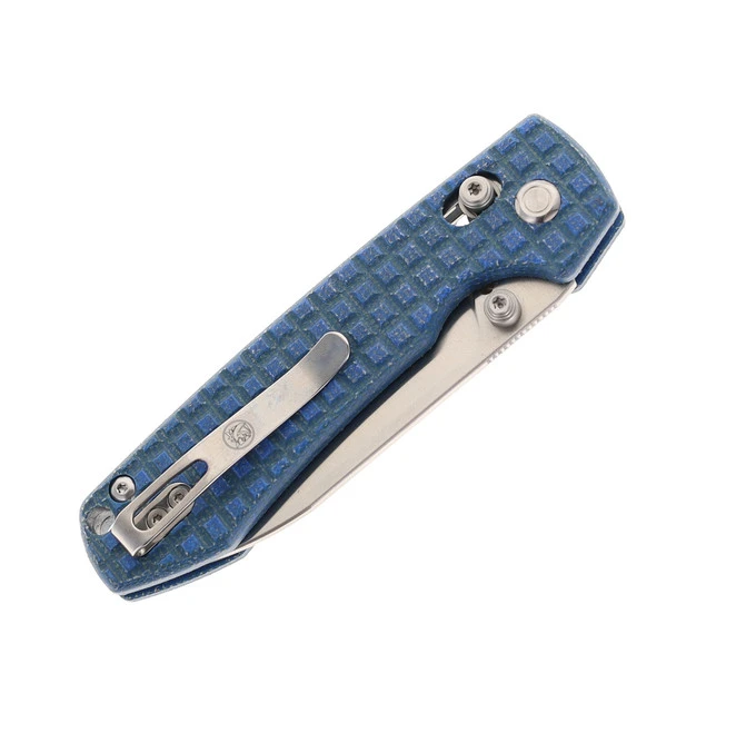 WMK Exclusive Vosteed Raccoon Crossbar Lock Folding Knife Blue Micarta Frag Handle 14C28N Plain Edge Satin Finish RCCWM2 - Image 4
